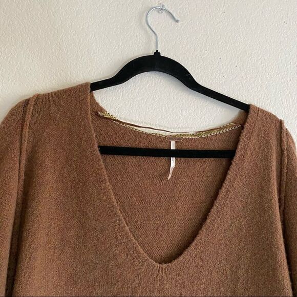 Free People Brown Irresistible Oversized V-Neck Frayed Fringed Sweater for fall - Picture 11 of 15